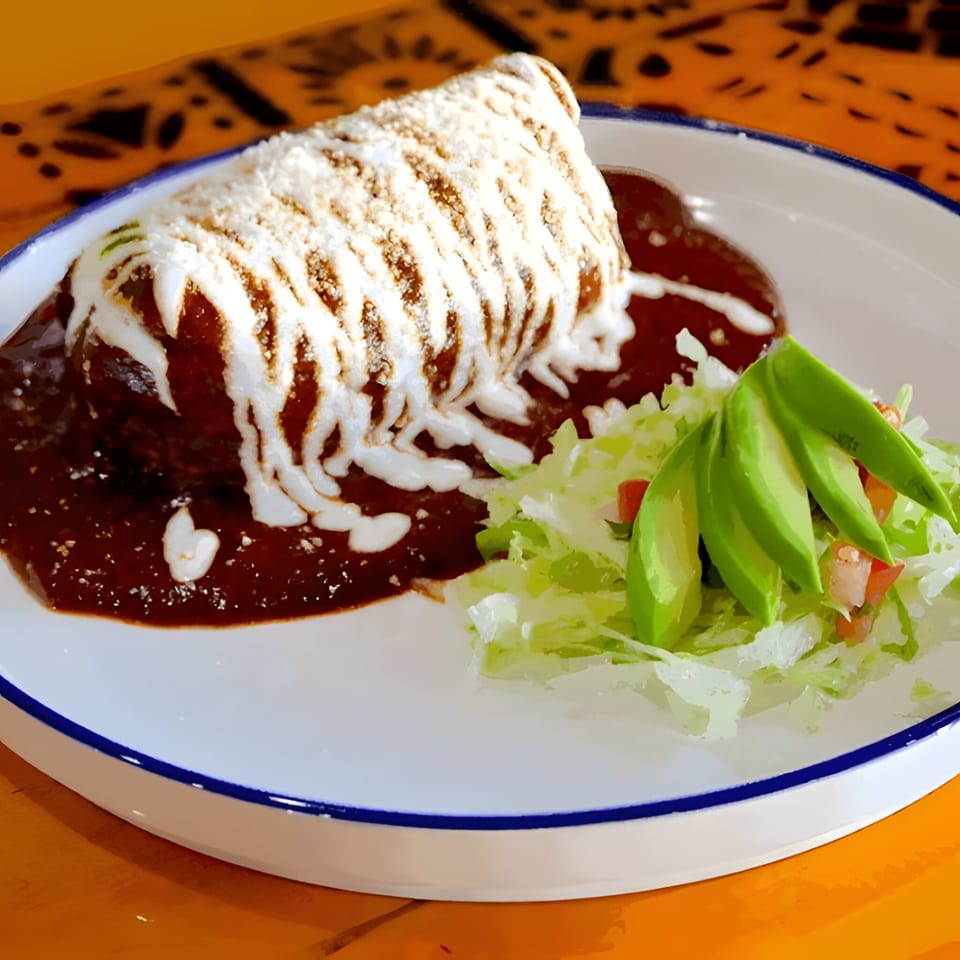 El Agave Mexican Cuisine's burrito smothered in dark mole sauce, crema, and cheese, with a side salad.